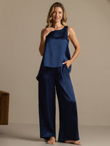 [Donkerblauw] SilkSilky-NL Sleeveless Scoop Neck Dames Pyjama Set 006