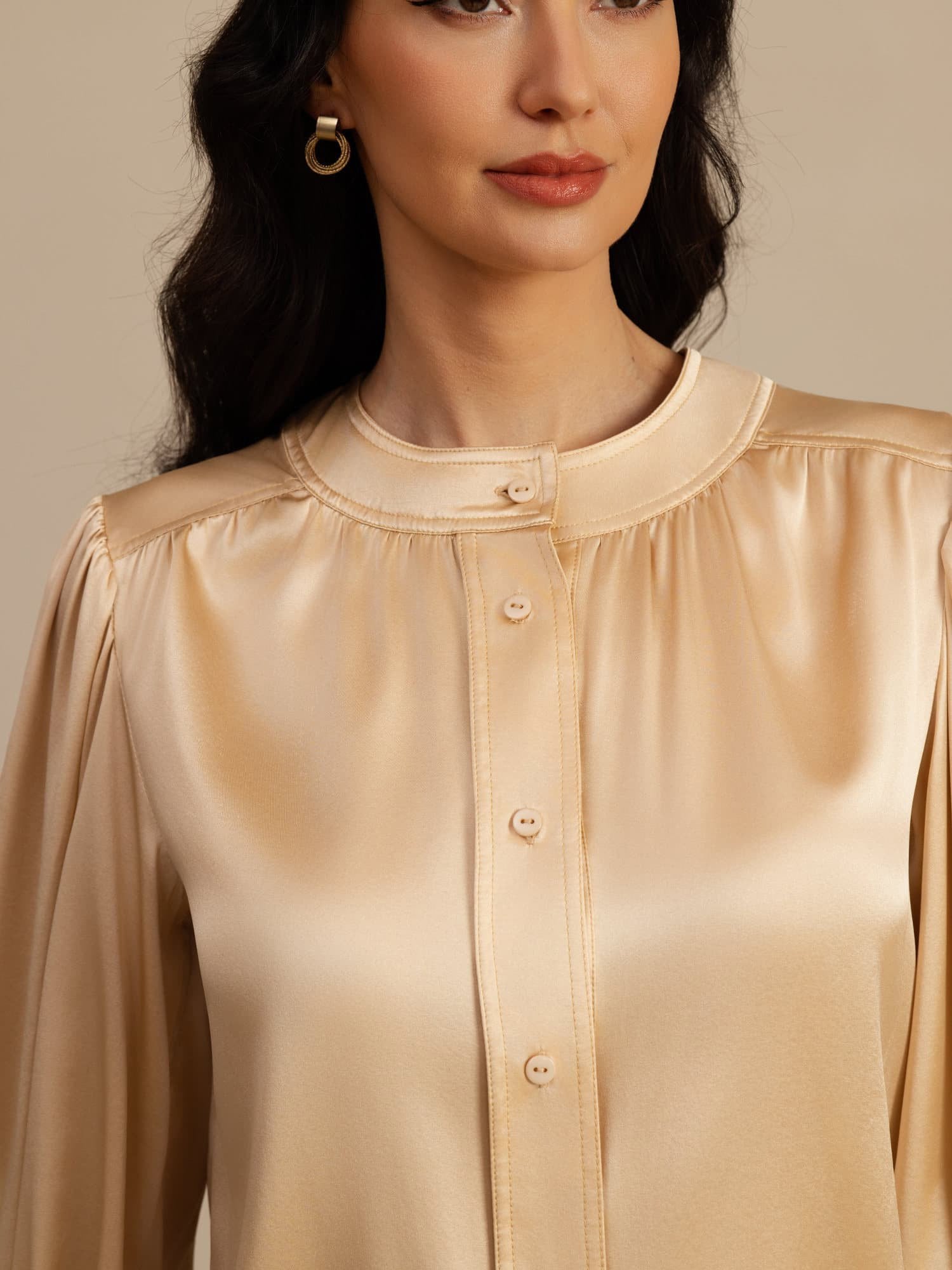 [Champagne] SilkSilky-NL 19Momme Long Sleeve Round Neck Blouse 005
