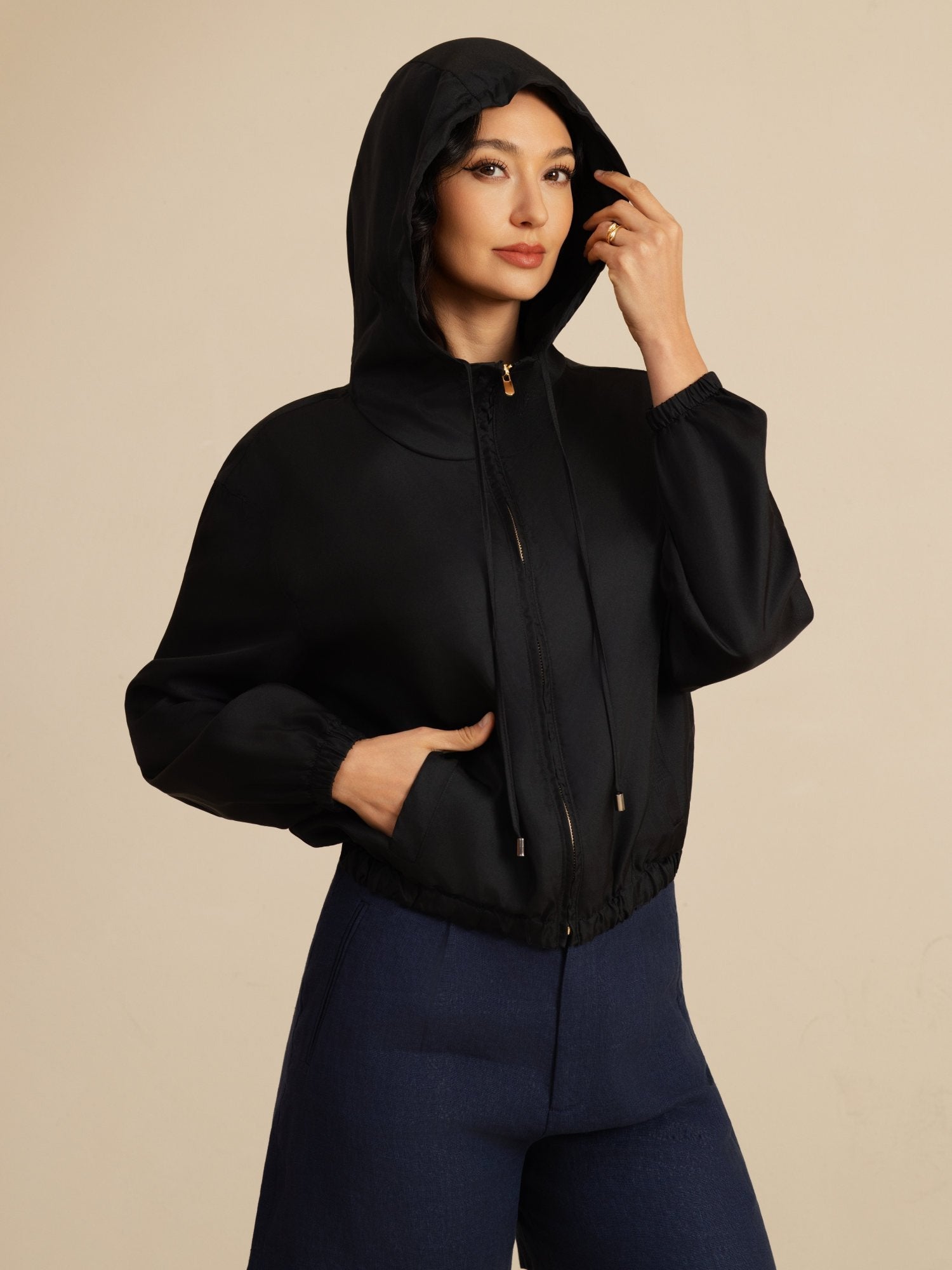 [Zwart] SilkSilky-NL 18Momme Lange Mouw Staande Kraag Dames Bovenkleding 005