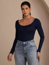 [Donkerblauw] SilkSilky-NL Long Sleeve U-hals Dames T-Shirt 001