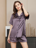 SilkSilky-NL Korte Mouw Revers Dames Pyjama Set PaarsGrijs 004