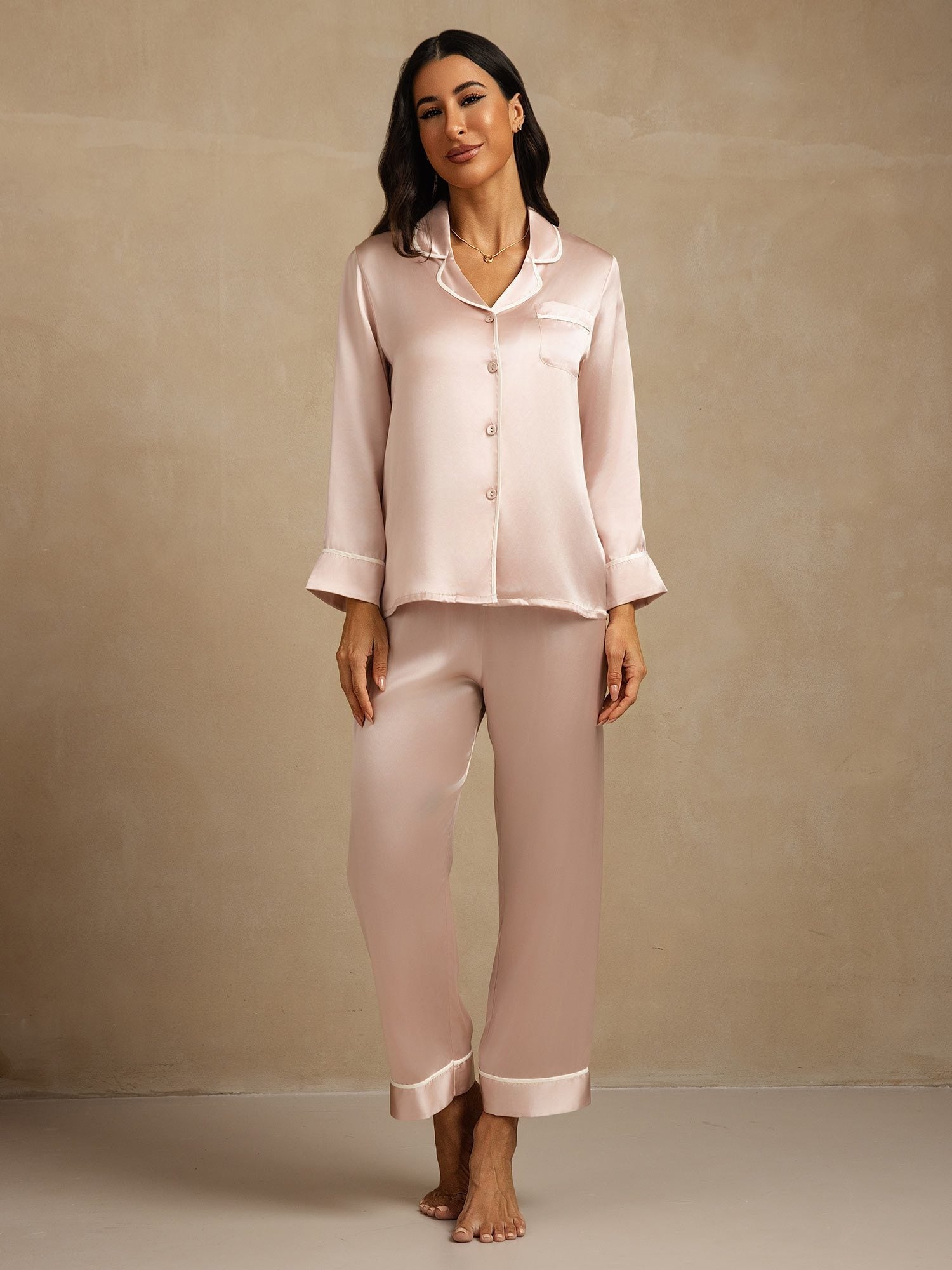 [Roze] SilkSilky-NL Lange Mouw Notchkraag Dames Pyjama Set 007