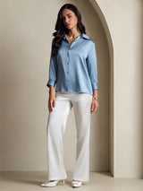 [Grijsachtig Blauw] SilkSilky-NL 3/4 Sleeve Lapel Collar Dames Blouse 005