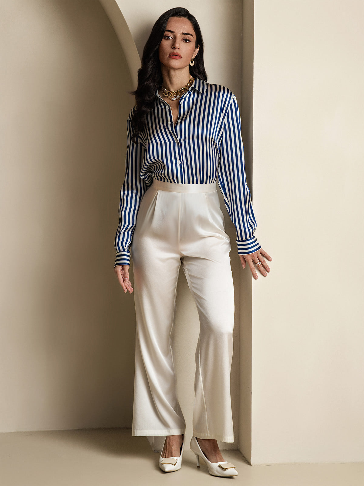 [Blauw] SilkSilky-NL Zijde Kraag Dames Blouse 007