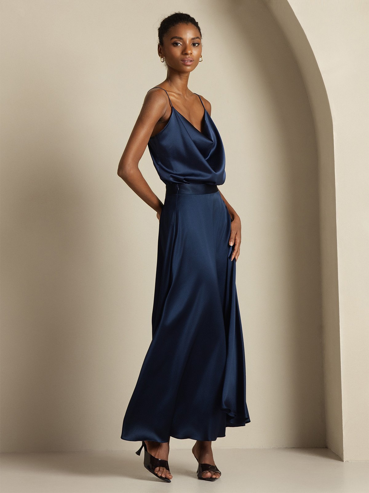 [Donkerblauw] SilkSilky-NL 19Momme Spaghetti Bandjes Waterval Hals Women''s Outfit Sets 005