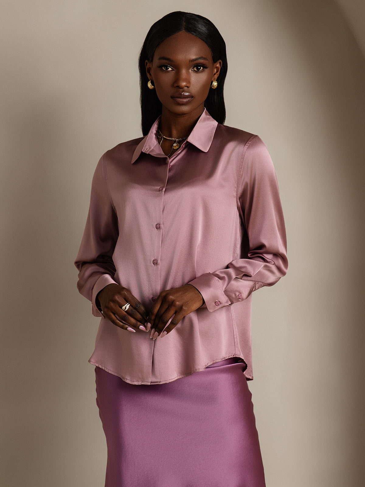 SilkSilky-NL Zijde Lange Mouw Kraag Dames Blouse BleekMauve 005