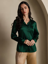 [Donkergroen] SilkSilky-NL 19Momme Lange Mouw Reverskraag Dames Blouse 003