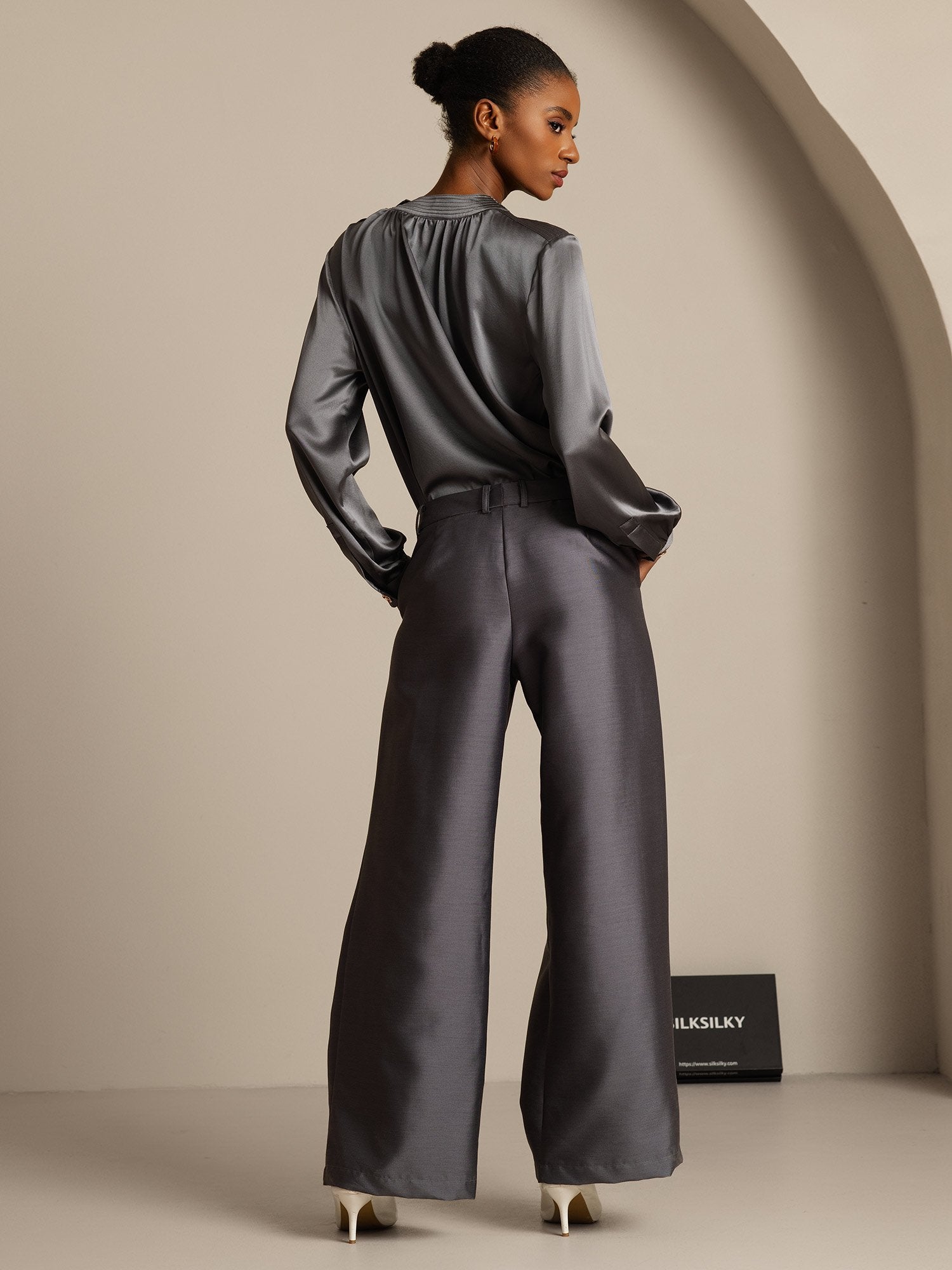 [Grijs] SilkSilky-NL 32Momme Silk-Wool Blend Womens Pants 002,