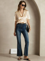 [Champagne] SilkSilky-NL Short Sleeve Lapel Collar Dames Blouse 007