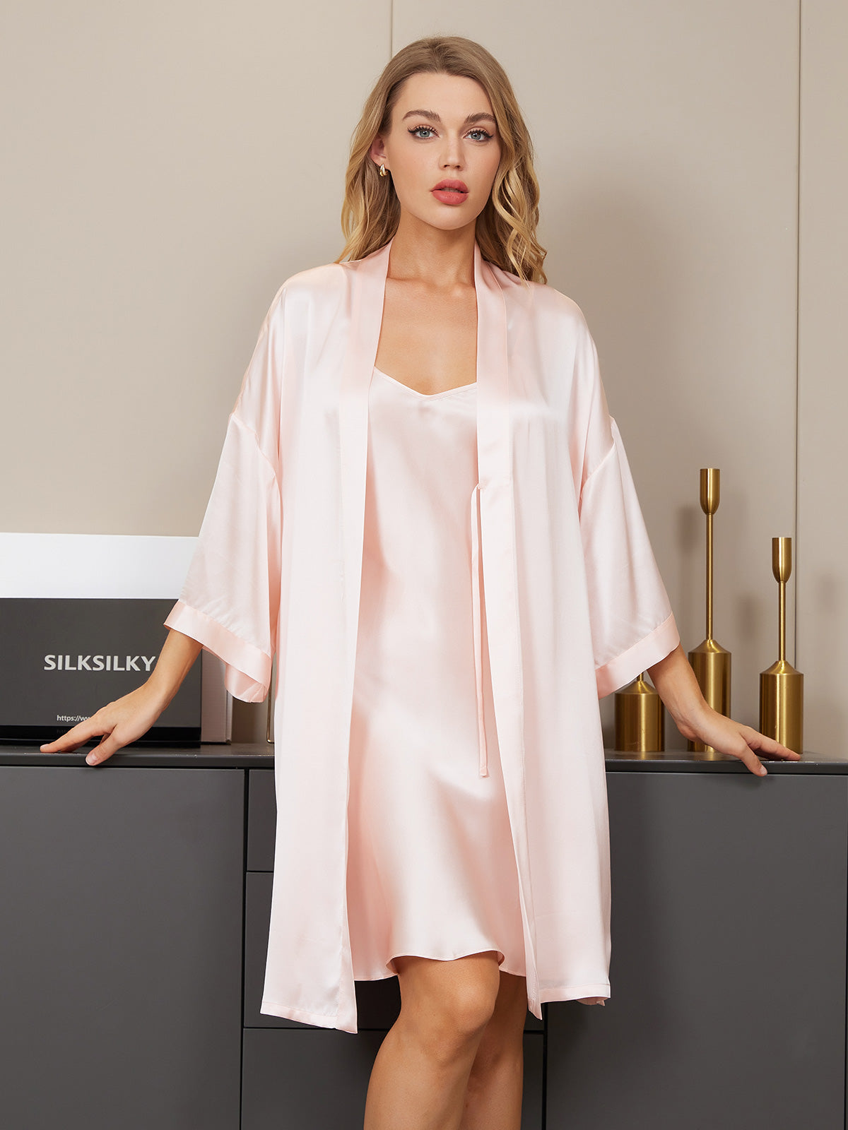 [Lichtroze] SilkSilky-NL Zijde Nightgown&Robe Set 004