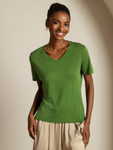 [Groen] SilkSilky-NL Short Sleeve V Neck Dames T-Shirt 003