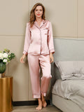 SilkSilky NL Pure Silk Lange Mouw Revers Dames Pyjama Set Roze 003