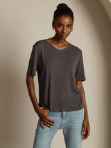 [Grijs] SilkSilky-NL Korte Mouw V Hals Dames T-Shirt 008