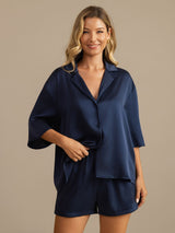 [Donkerblauw] SilkSilky-NL 19Momme Halve Mouw Notchkraag Dames Pyjama Set 004