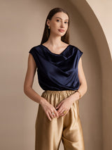 [Donkerblauw] SilkSilky-NL Cap Sleeve Cowl Neck Dames T-Shirt 003