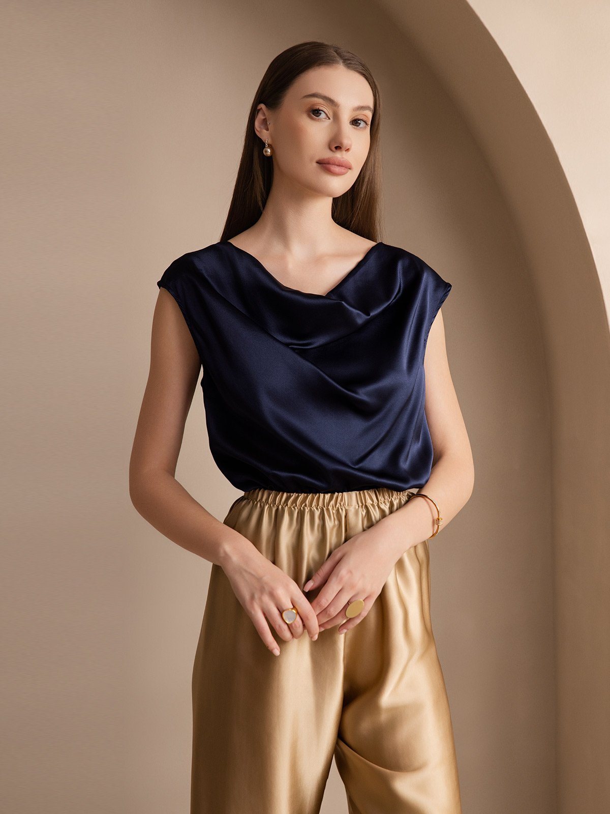 [Donkerblauw] SilkSilky-NL 19Momme Zijde Mouwloos Womens T-Shirt 003