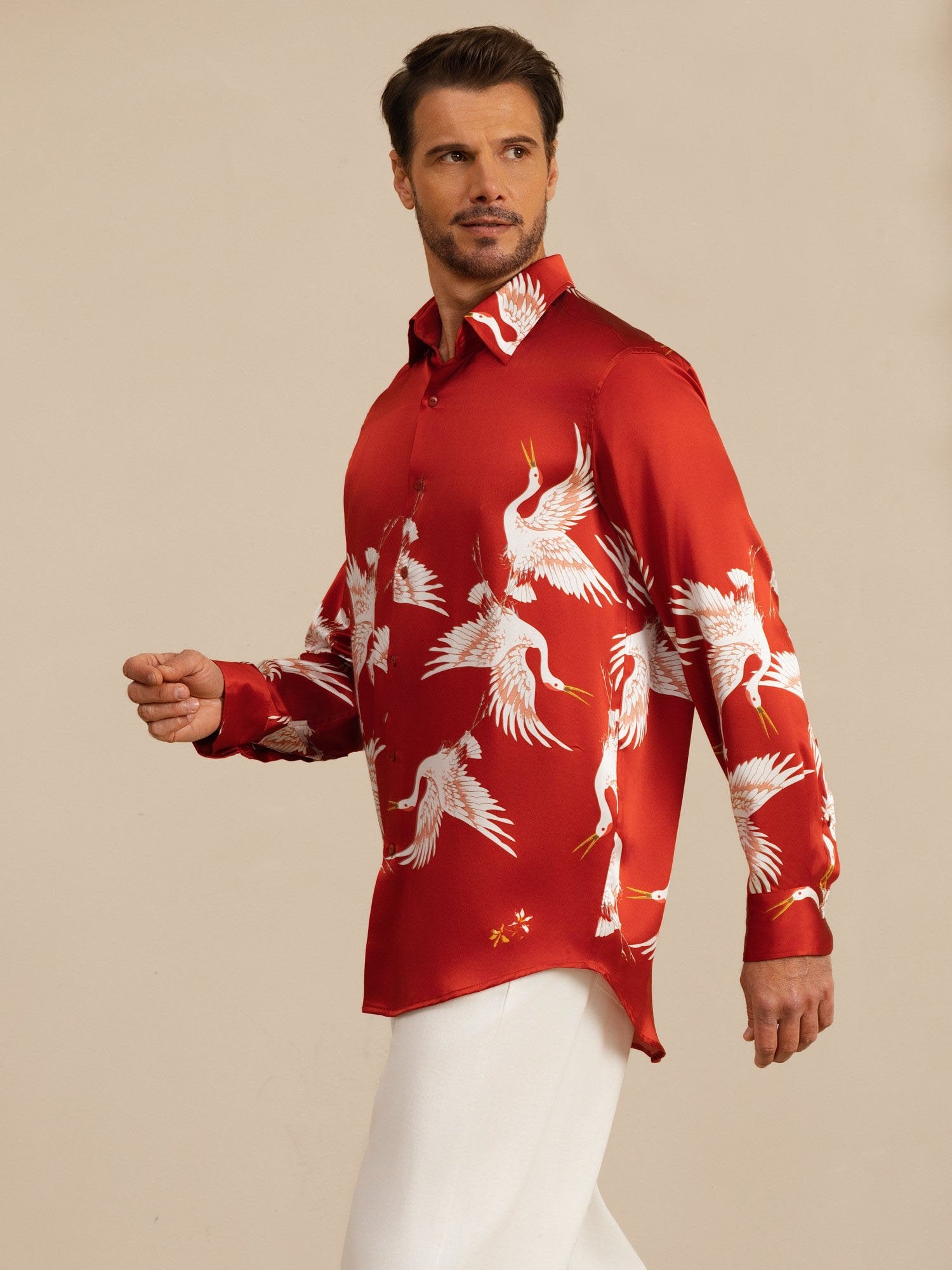 [Wijn] SilkSilky-NL 19Momme Lange Mouw Reverskraag Heren Shirt 004