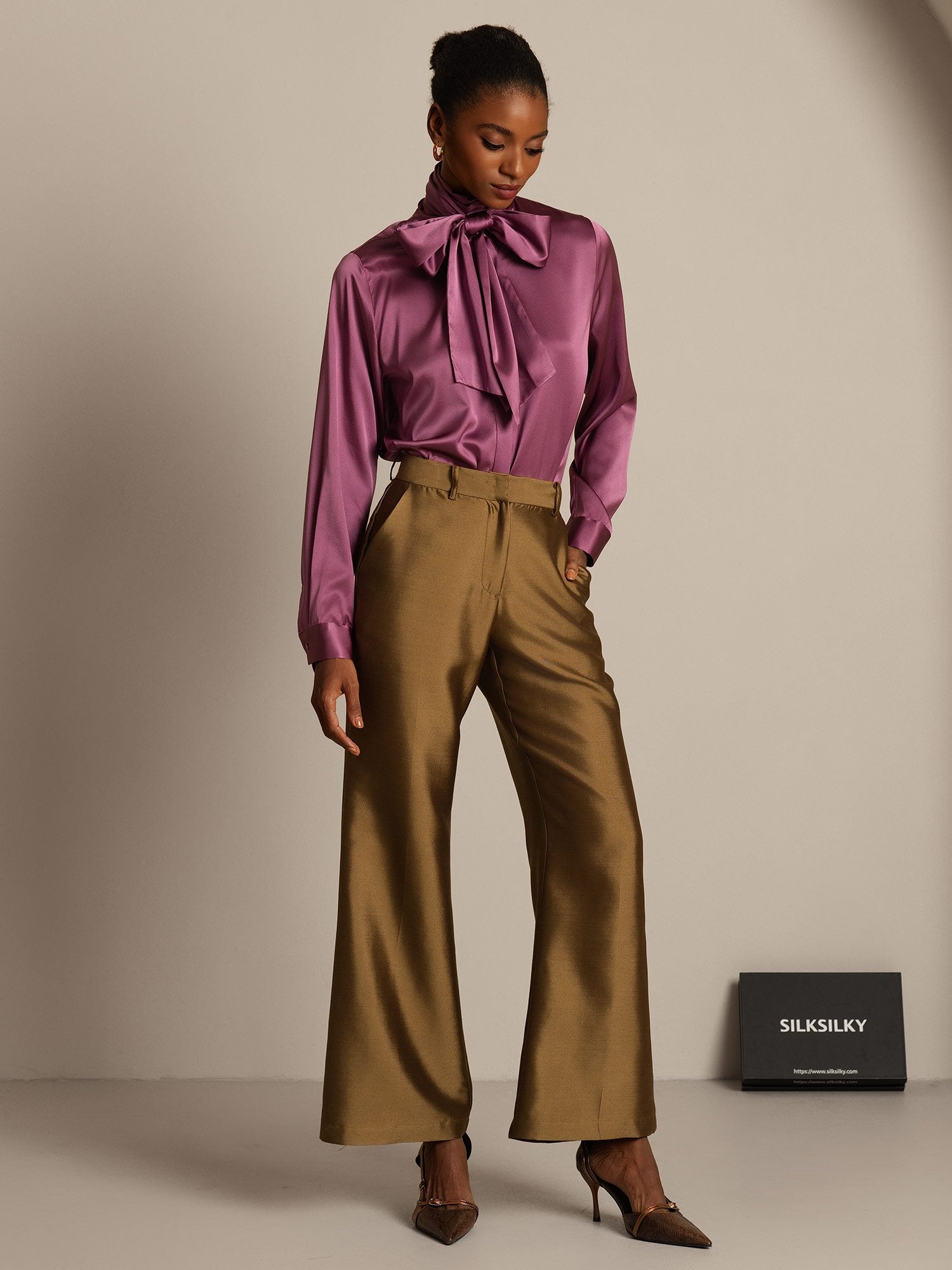 [Brons] SilkSilky-NL 32Momme Silk-Wool Blend Womens Pants 003,