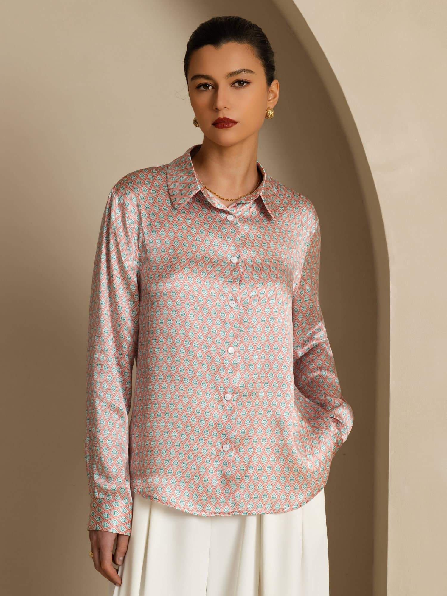 [Roze Hart Geo] SilkSilky-NL Lange Mouw Reverskraag Dames Blouse 002