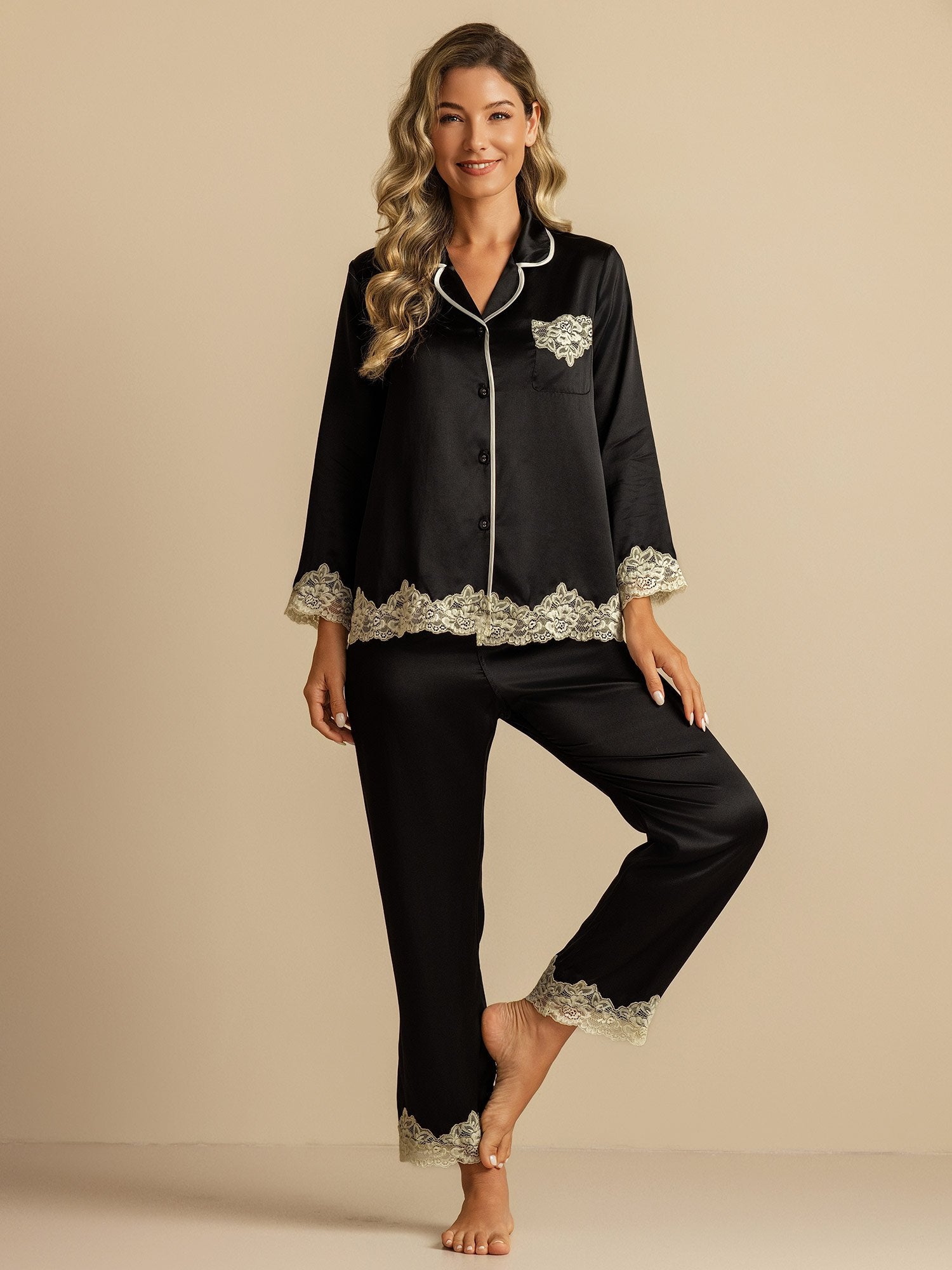 [Zwart] SilkSilky-NL Zijde Womens Pajamas 001
