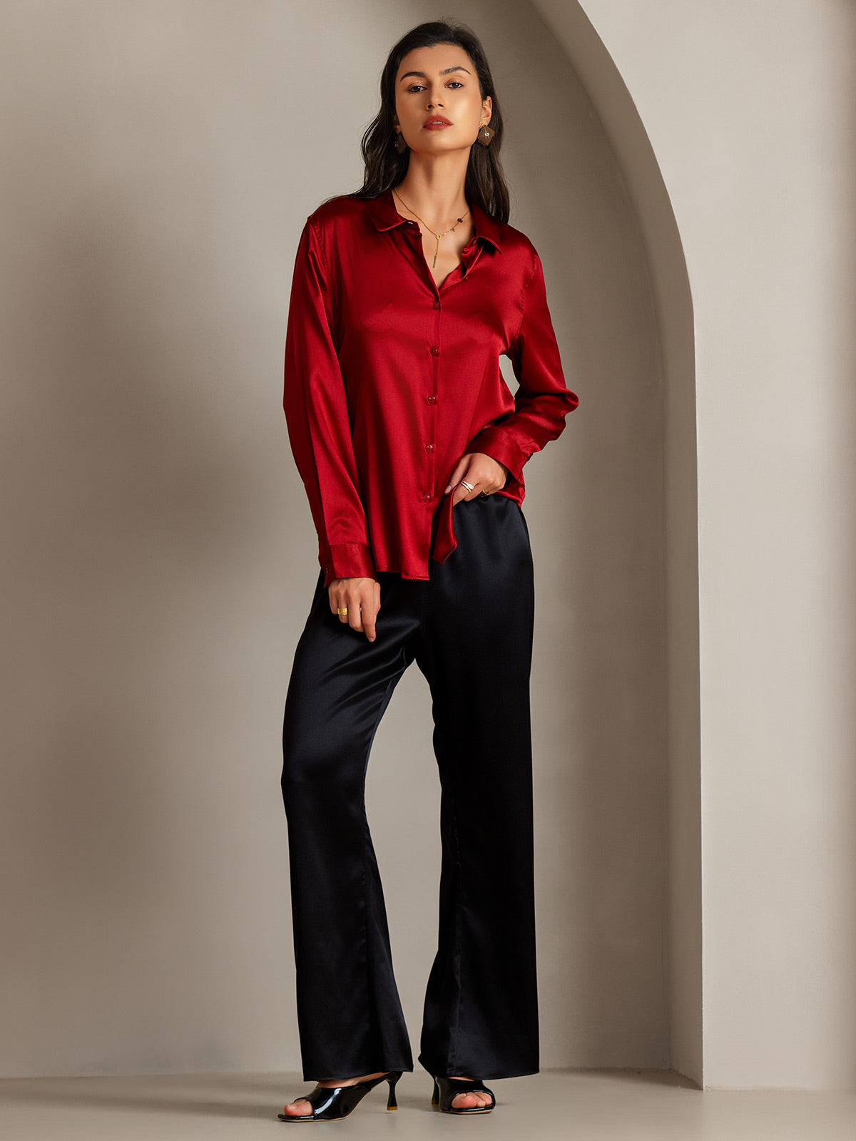 [Rode] SilkSilky-NL Zijde Kraag Dames Blouse 004