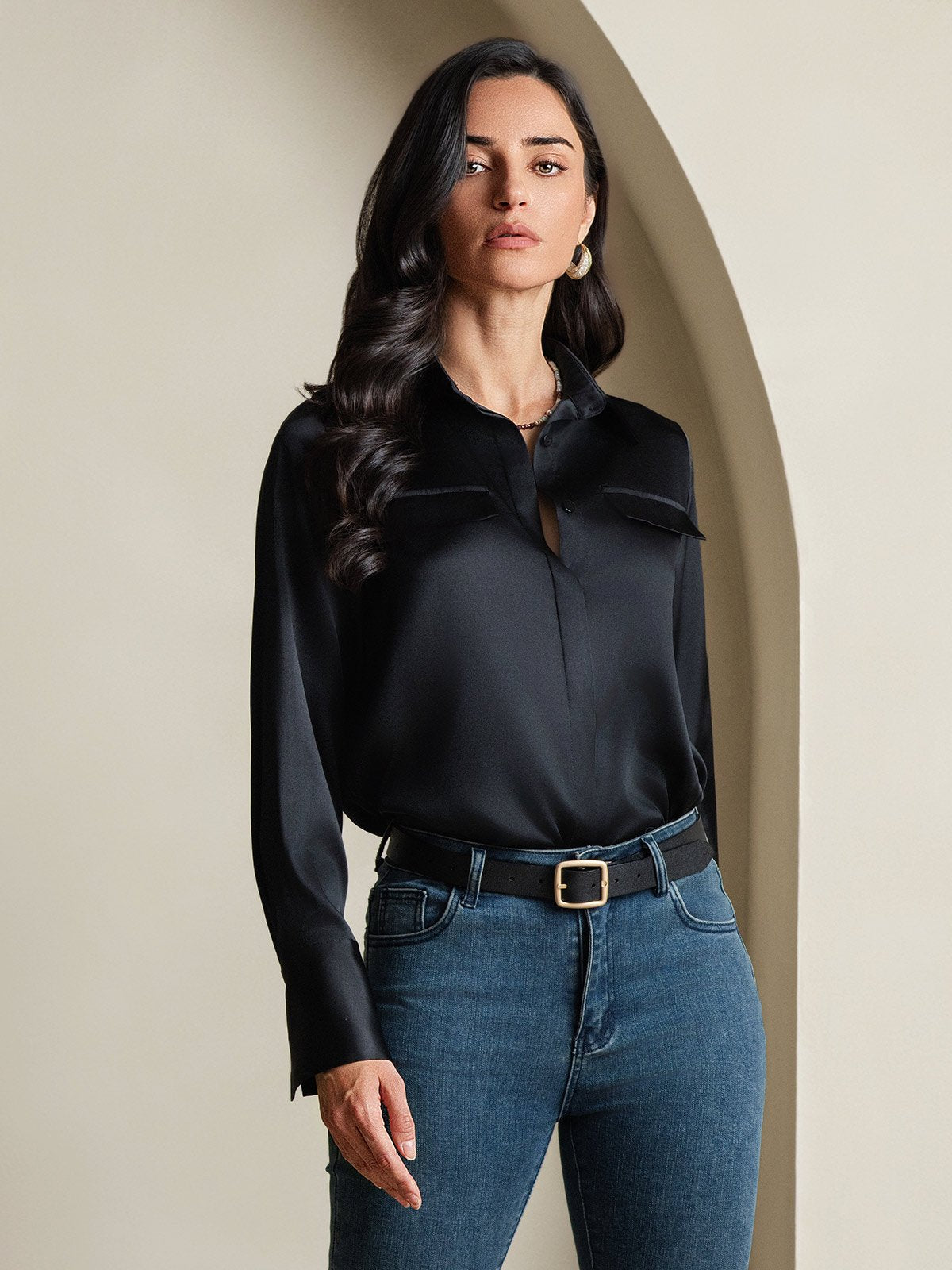 SilkSilky-NL 19Momme Zijde Lange Mouw Kraag Dames Blouse Zwart 004