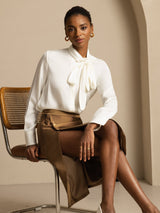 [Wit] SilkSilky-NL 19Momme Lange Mouw Strikhals Blouse 001