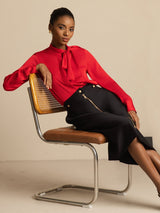 [Wijn] SilkSilky-NL 19Momme Lange Mouw Strikhals Blouse 007