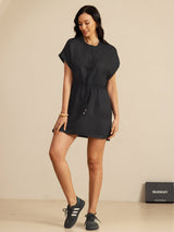 [Zwart] SilkSilky-NL 18Momme Kapmouwtjes Henley-hals Jurk 006