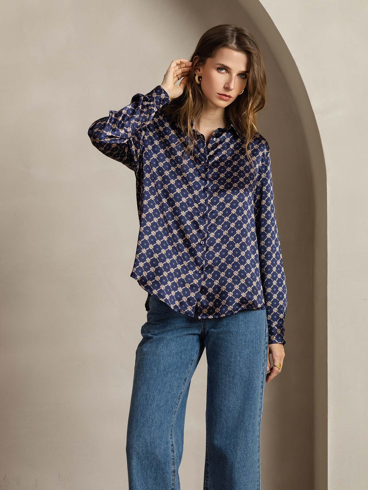 [Marine Ketting] SilkSilky-NL Zijde Lange Mouw Kraag Dames Blouse 005