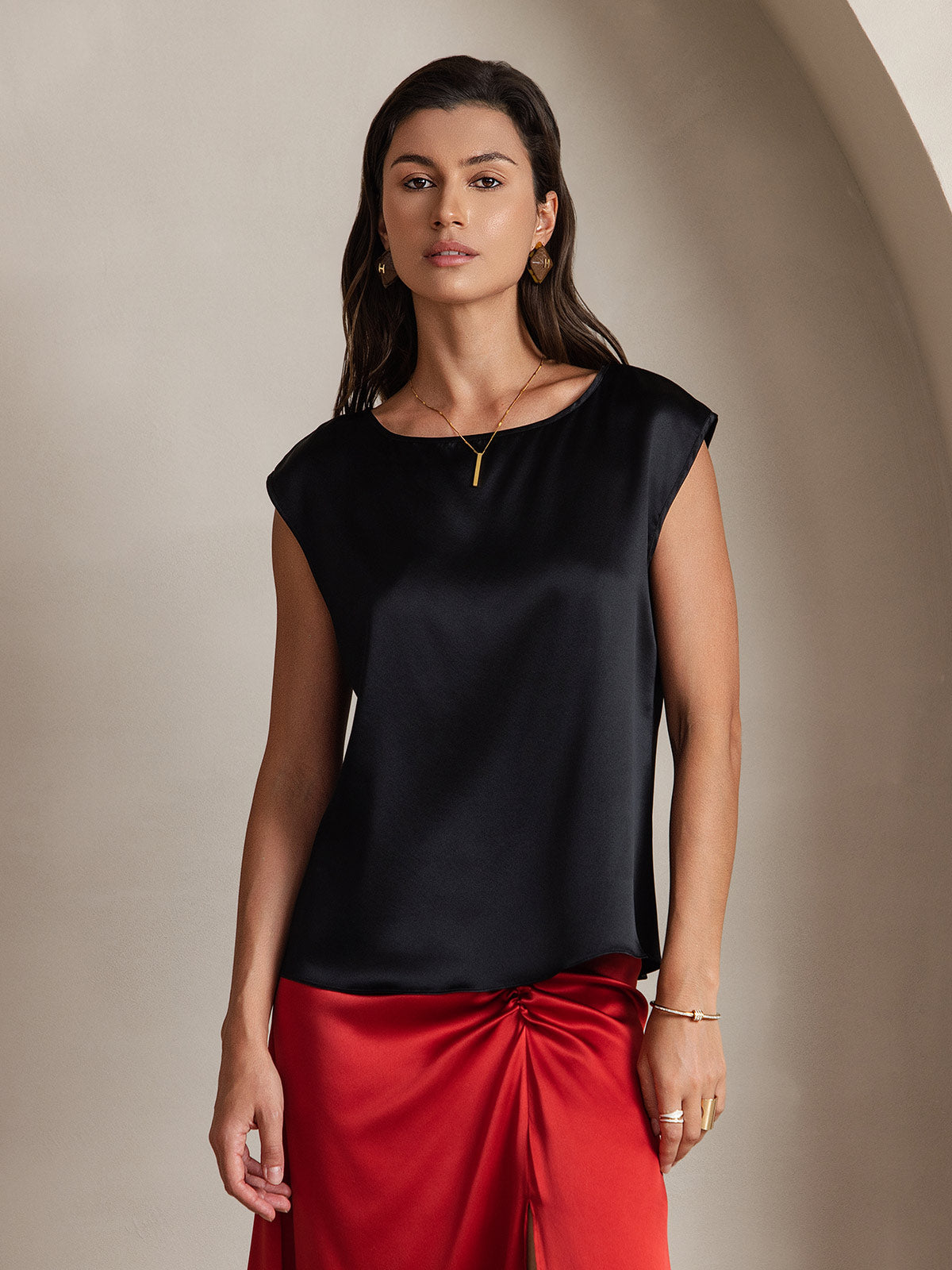 [Zwart] SilkSilky-NL 19Momme Kapmouwtjes Ronde Hals Dames T-Shirt 001