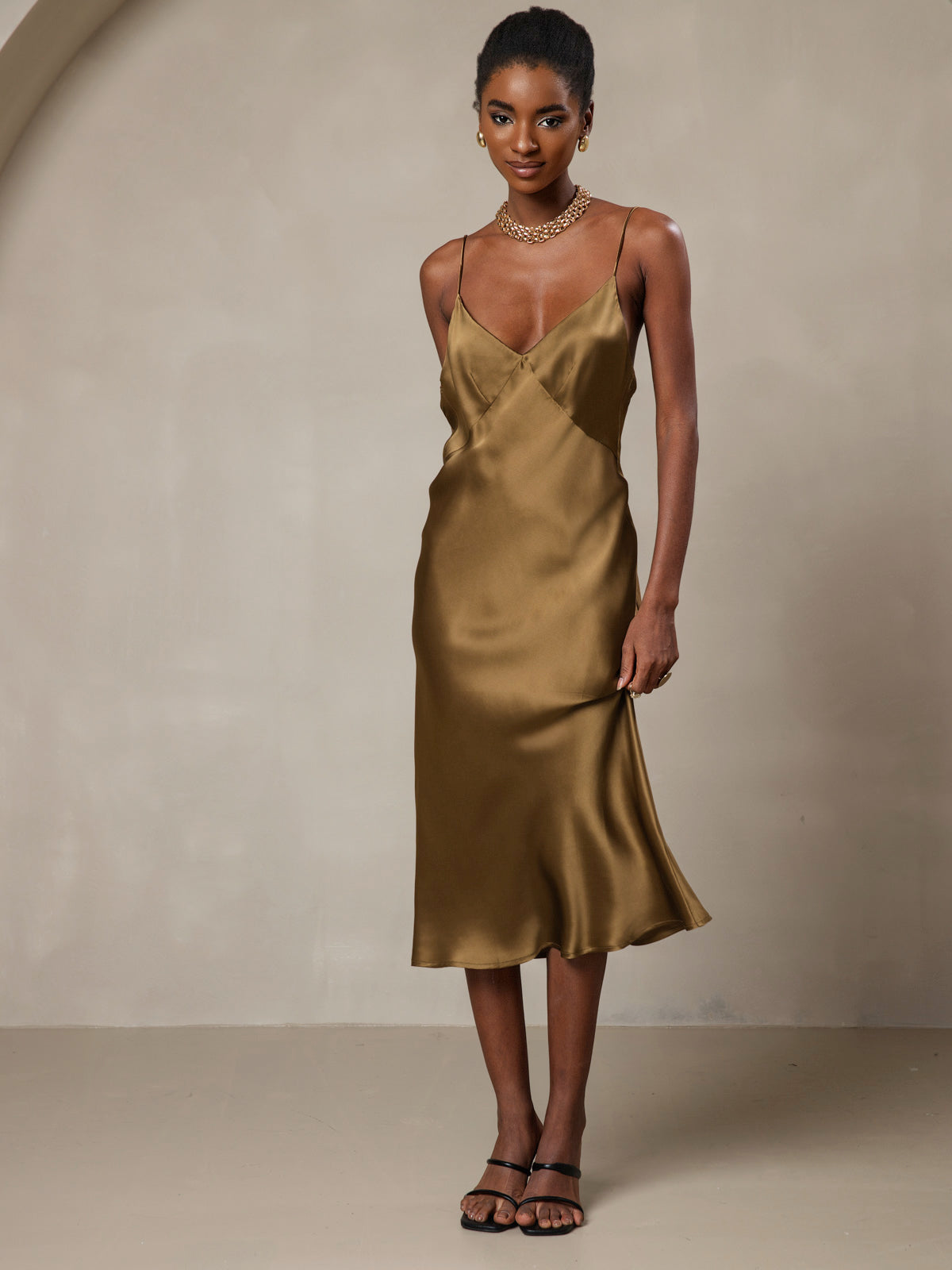 [Bruin] SilkSilky-NL 19Momme V-Hals Jurk 006
