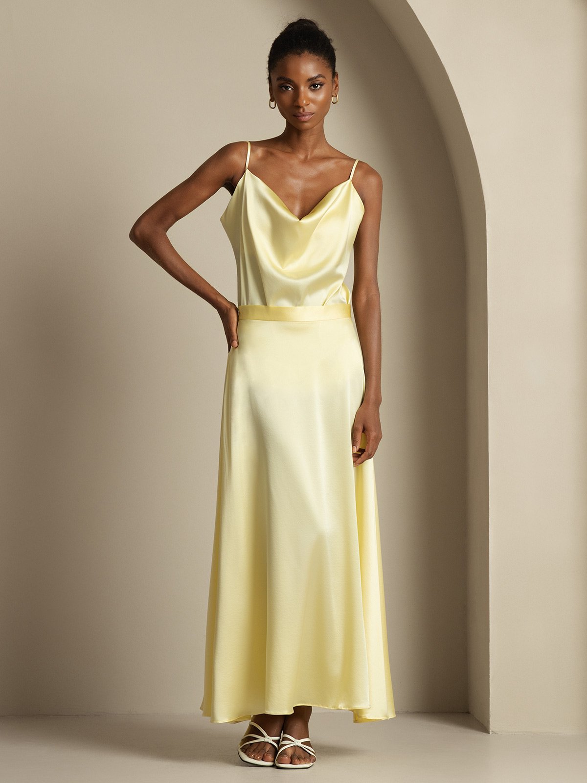 [Lichtgeel] SilkSilky-NL 19Momme Spaghetti Bandjes Waterval Hals Women''s Outfit Sets 003