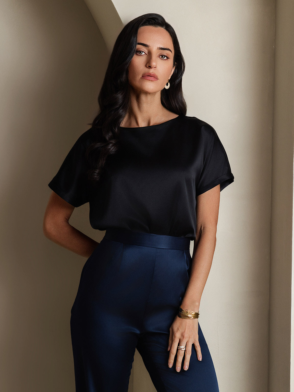 [Zwart] SilkSilky-NL 19Momme Zijde Ronde Hals Dames T-Shirt 004