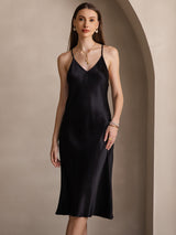 [Zwart] SilkSilky-NL Pure Silk Mouwloos V-Hals Jurk 003