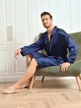 [Donkerblauw] SilkSilky-NL Pure Silk 3/4 Mouw Mens Robe 006