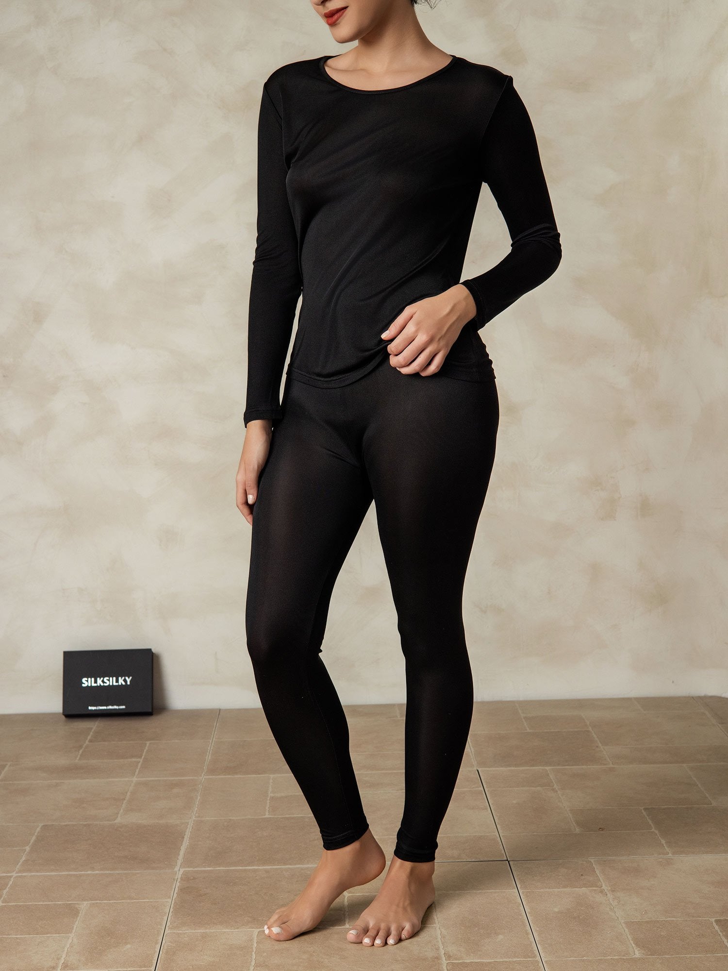 [Zwart] SilkSilky-NL Zijde Ronde Hals Dames Pyjama Set 004