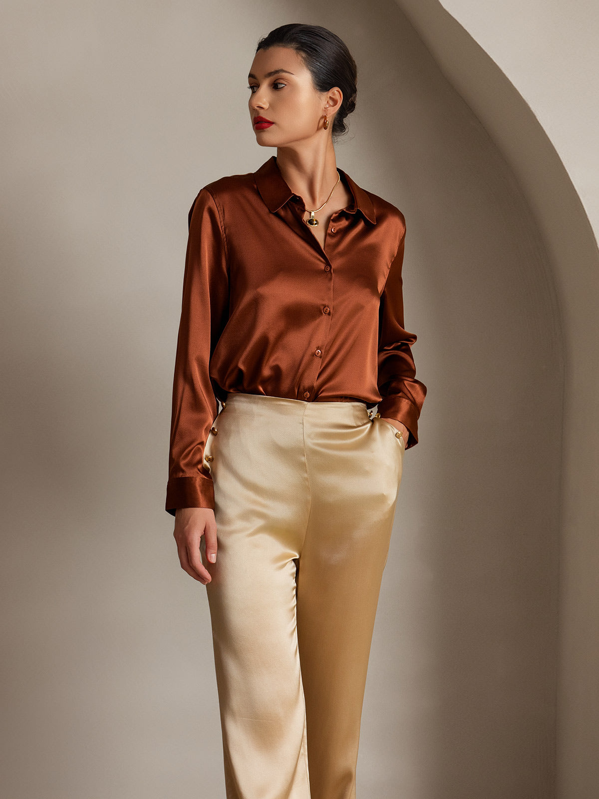 [Champagne] SilkSilky-NL 19Momme Zijde Womens Pants 005