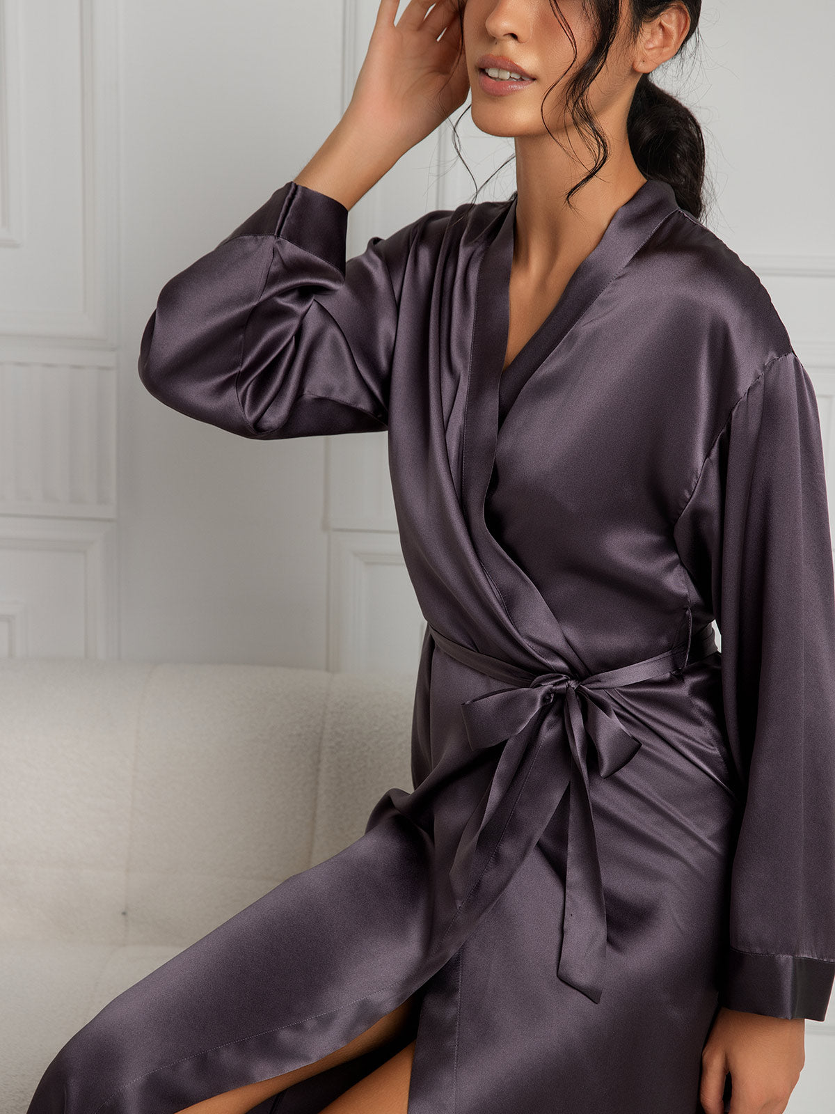 SilkSilky-NL Lange Mouw Womens Robe PaarsGrijs 007