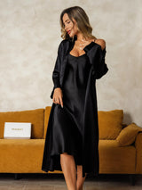 [Zwart] SilkSilky-NL Long Sleeve V Neck Nachthemd&Kamerjas Set 003