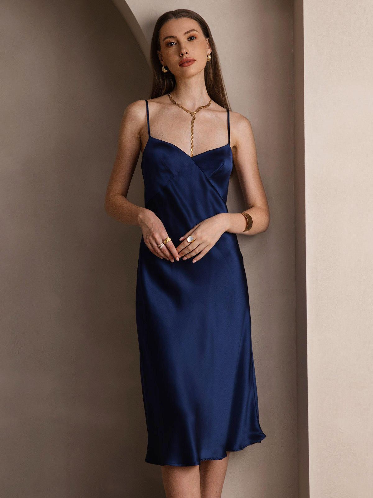 [Donkerblauw] SilkSilky-NL 19Momme V-Hals Jurk 004