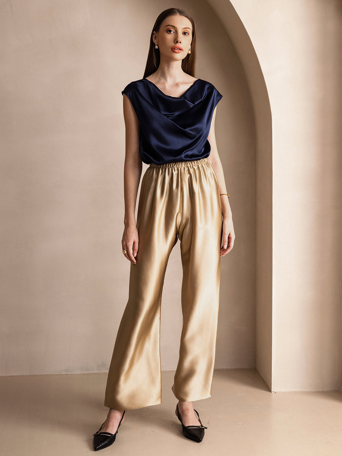 [Donkerblauw] SilkSilky-NL 19Momme Zijde Mouwloos Womens T-Shirt 006