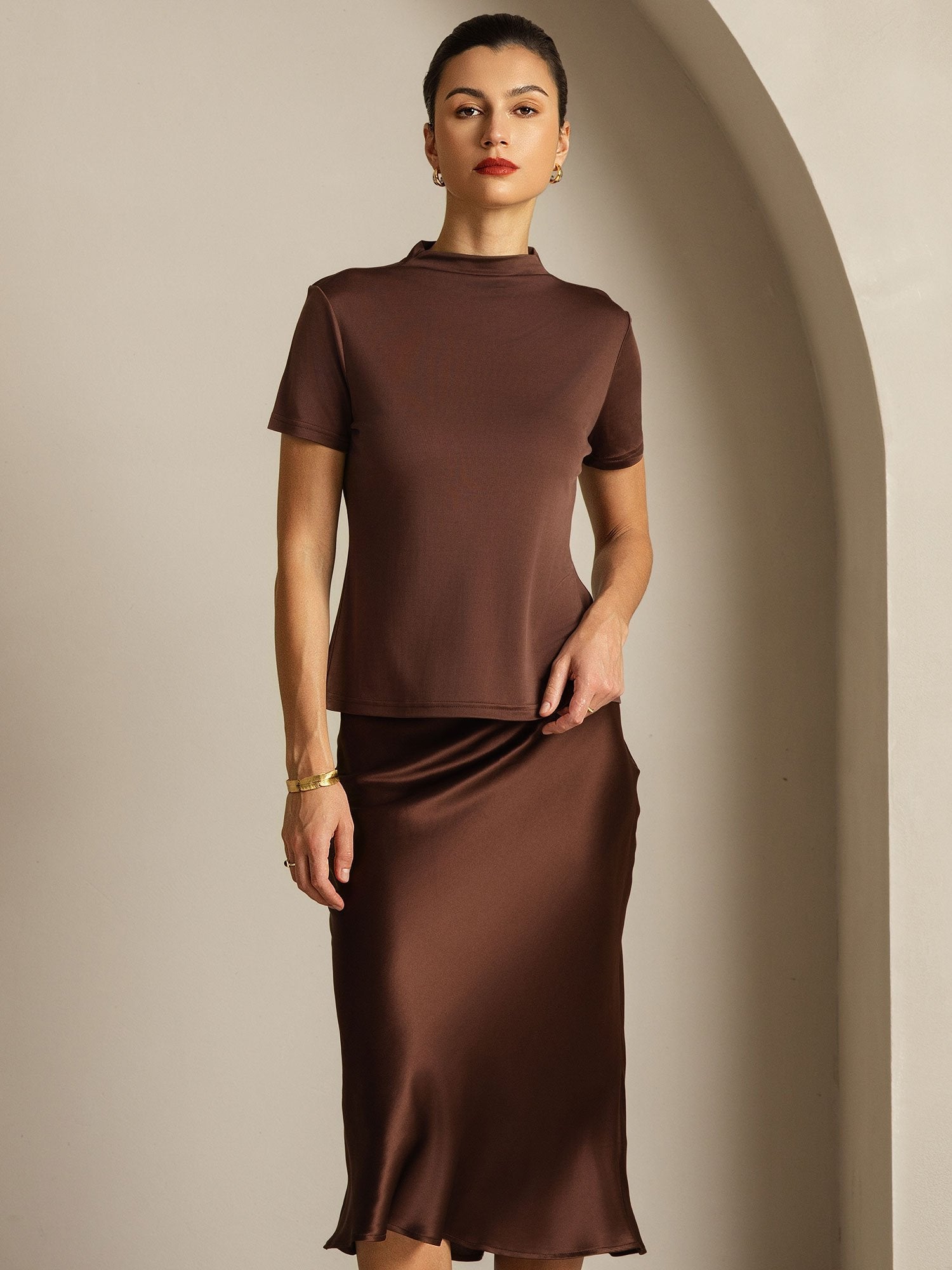 [Koffie] SilkSilky-NL Korte Mouw Col Montant Dames T-Shirt 009