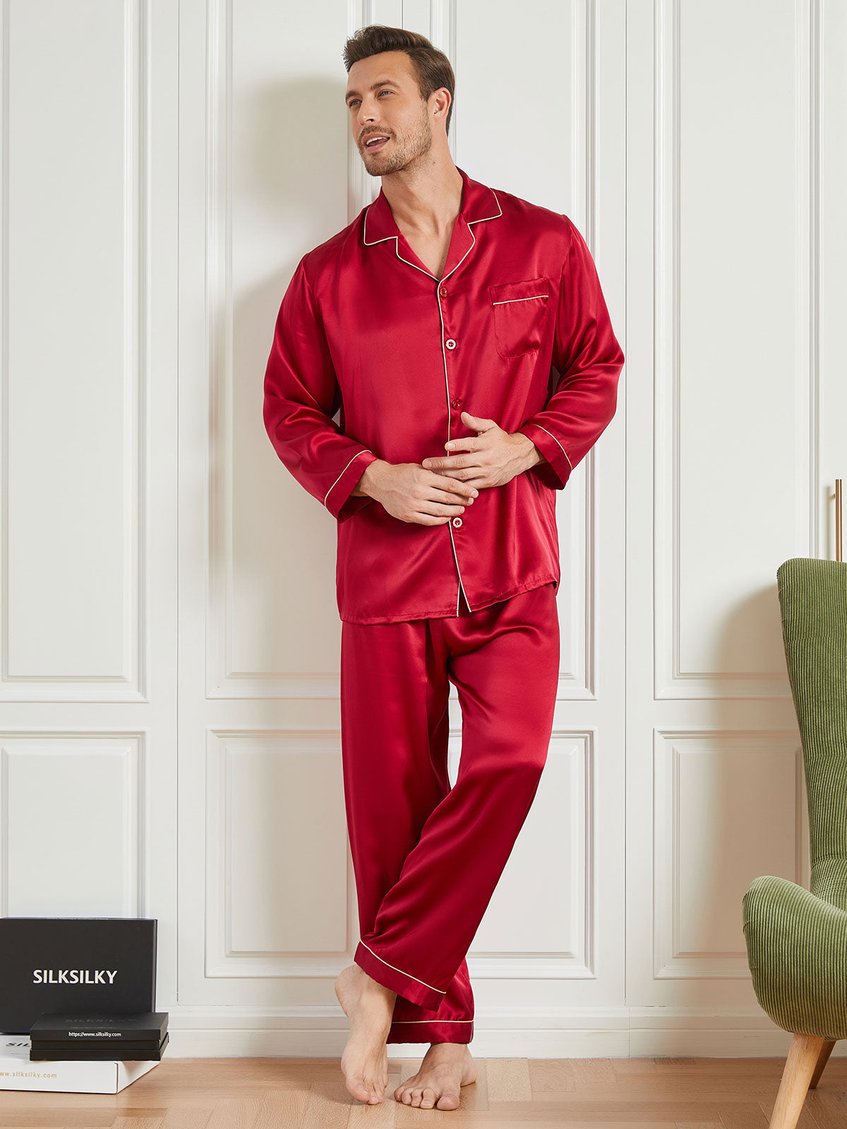 SilkSilky NL 19Momme Pure Silk Lange Mouw Revers Heren Pyjama Set Rode 002