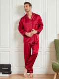 SilkSilky NL 19Momme Pure Silk Lange Mouw Revers Heren Pyjama Set Rode 002