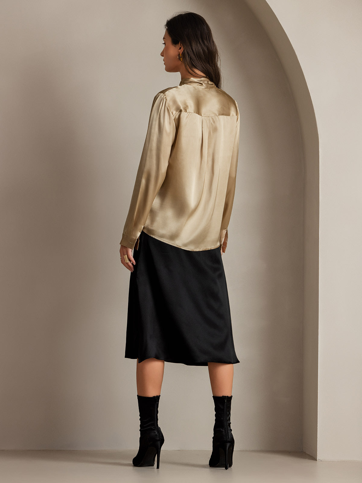 [Champagne] SilkSilky-NL 19Momme Zijde Lange Mouw Binda Hals Dames Blouse 002