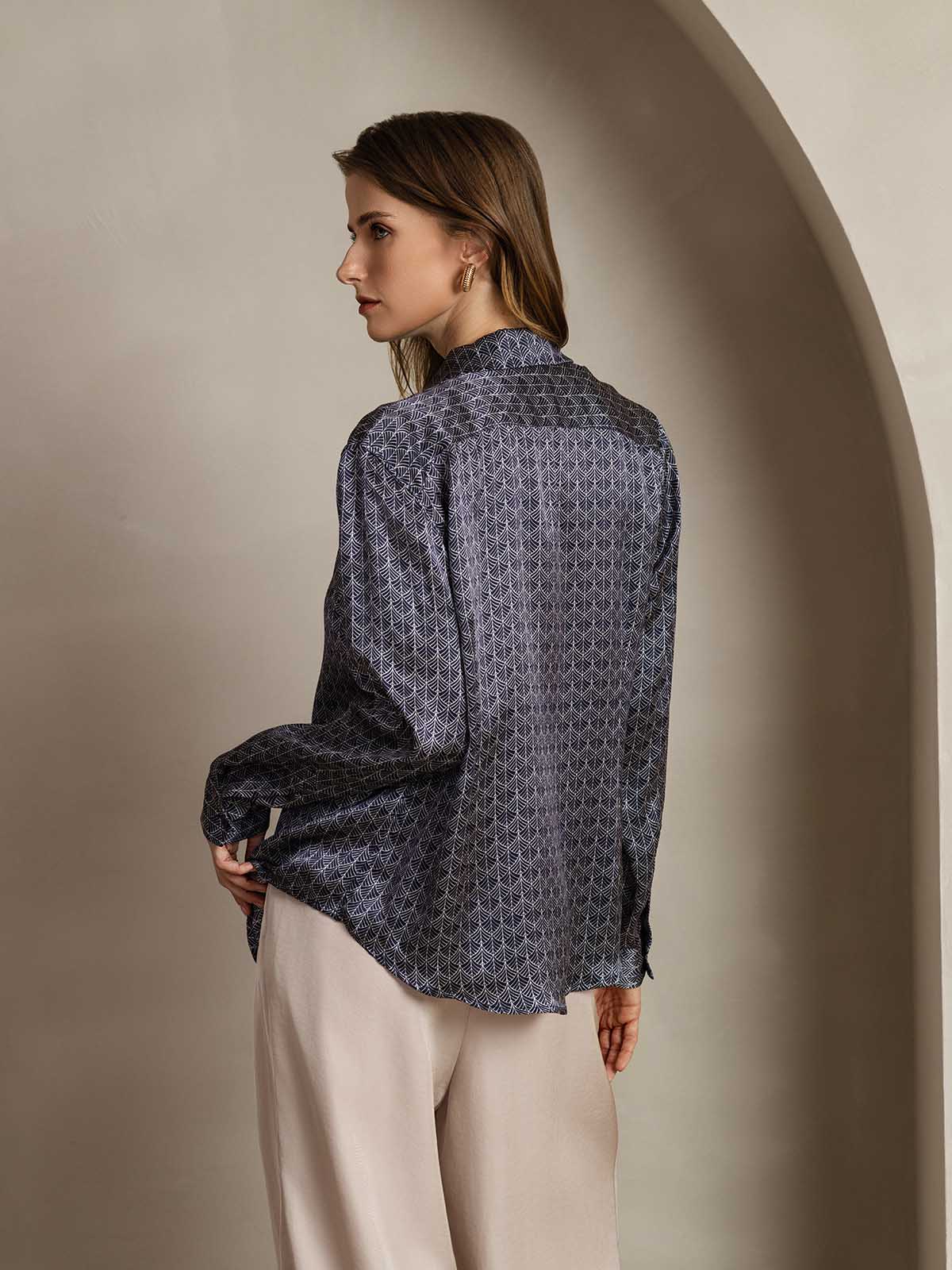 [Marine Ginkgo] SilkSilky-NL Zijde Kraag Dames Blouse 002