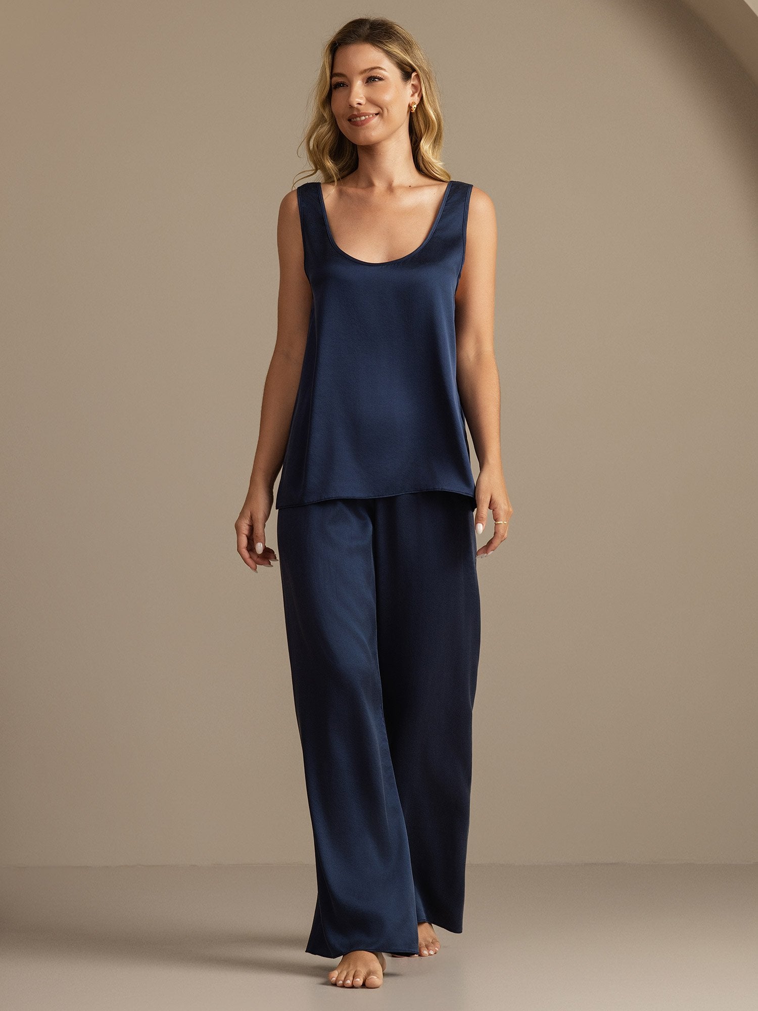 [Donkerblauw] SilkSilky-NL 19Momme Zijde Womens Pajamas 006,