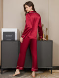 SilkSilky-NL Lange Mouw Revers Dames Pyjama Set Donkerrood 003