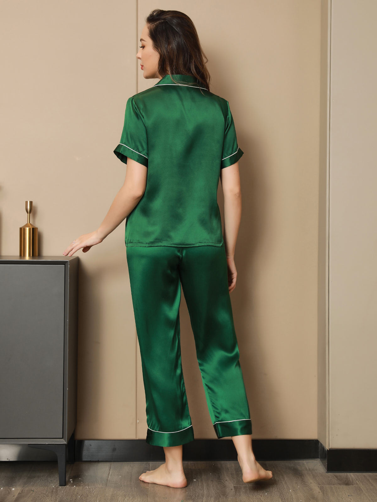 SilkSilky NL Pure Silk Korte Mouw Revers Dames Pyjama Set Groen 002